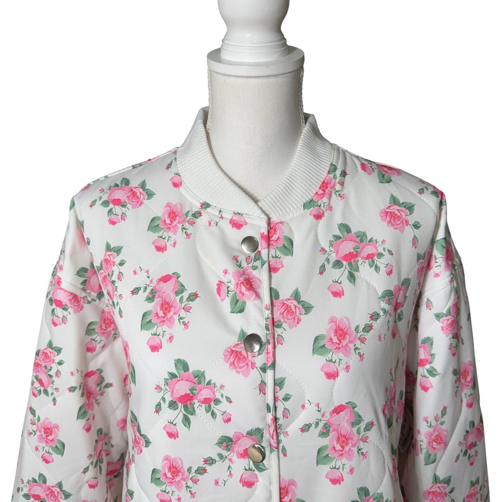 Mainstrip Women's Quilted Floral Bomber Jacket Pink Rose Snap Front White Size M - Picture 6 of 11